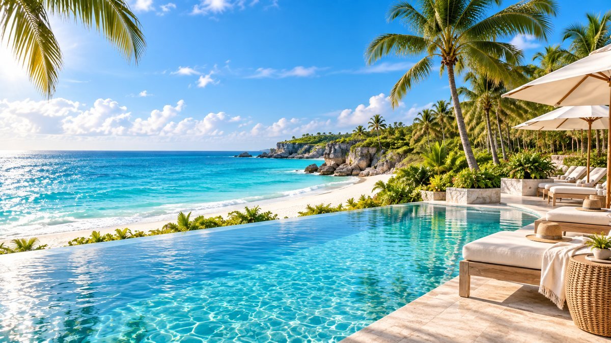 Travel photography of an adults-only resort pool.