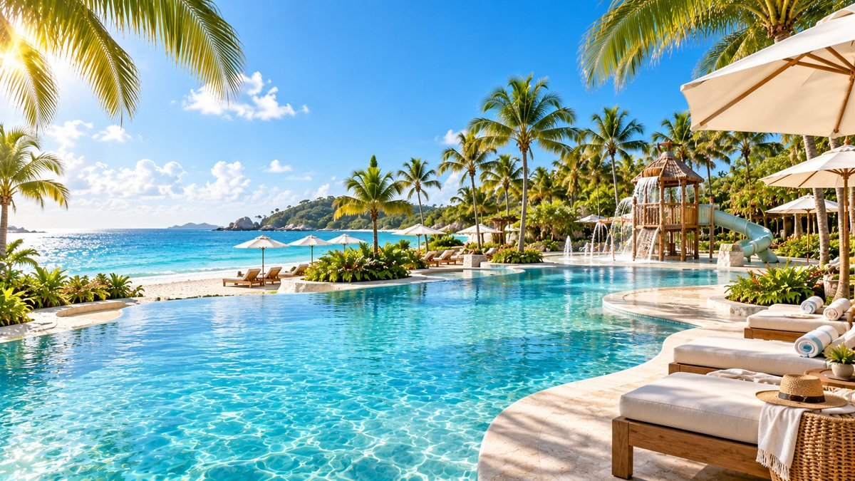 Travel photography of a family resort pool.