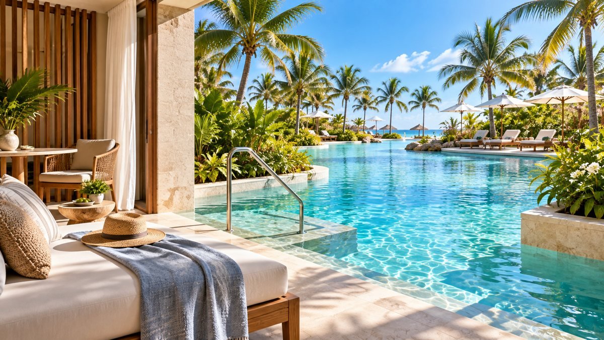 Travel photography of a swim-up pool bar.