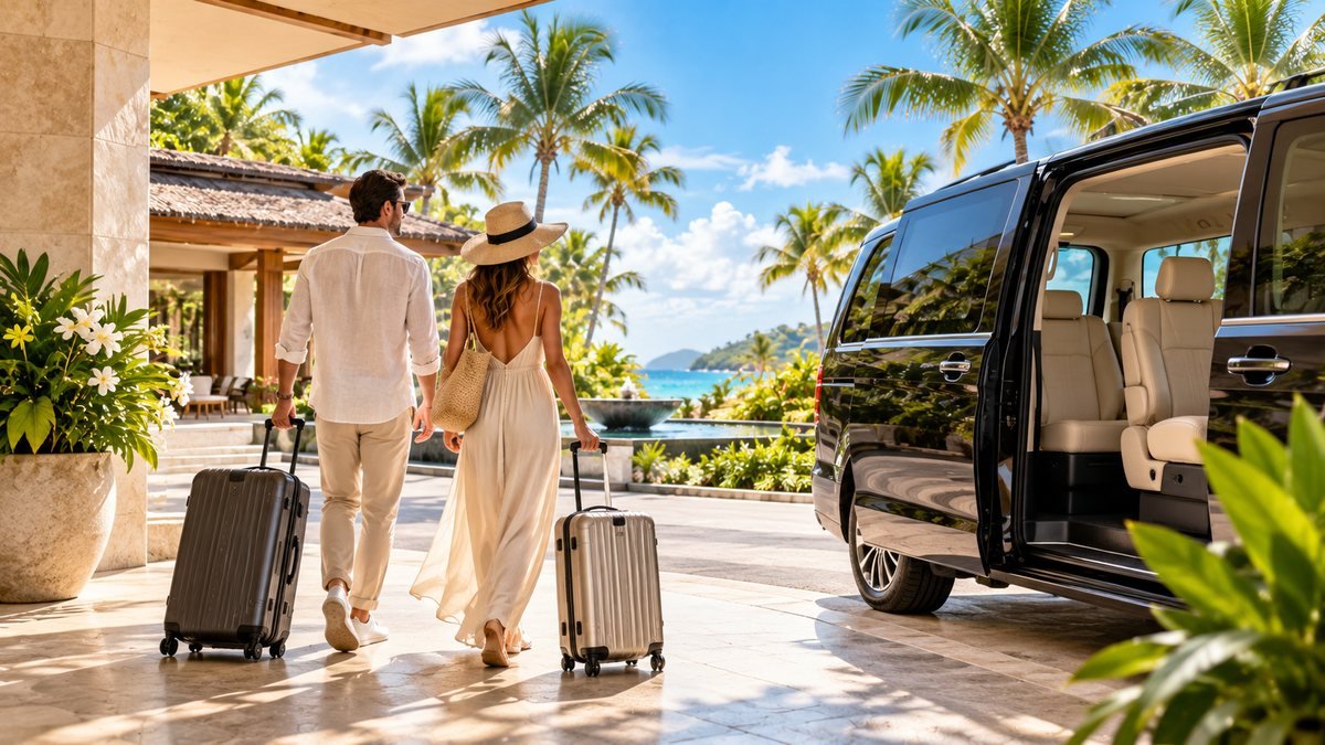 Travel photography of a resort transfer arrival.