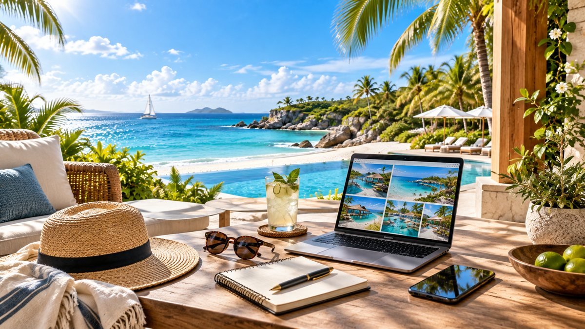 Travel photography of planning a resort trip.