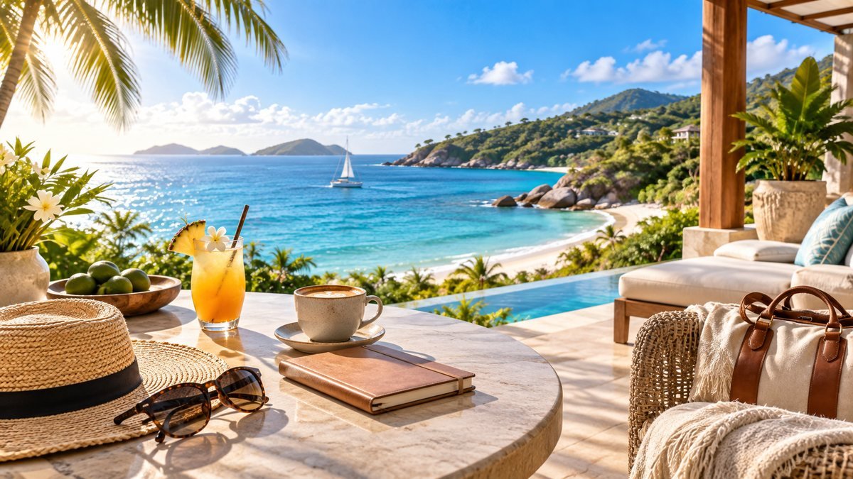 Travel photography of a tropical resort beach.