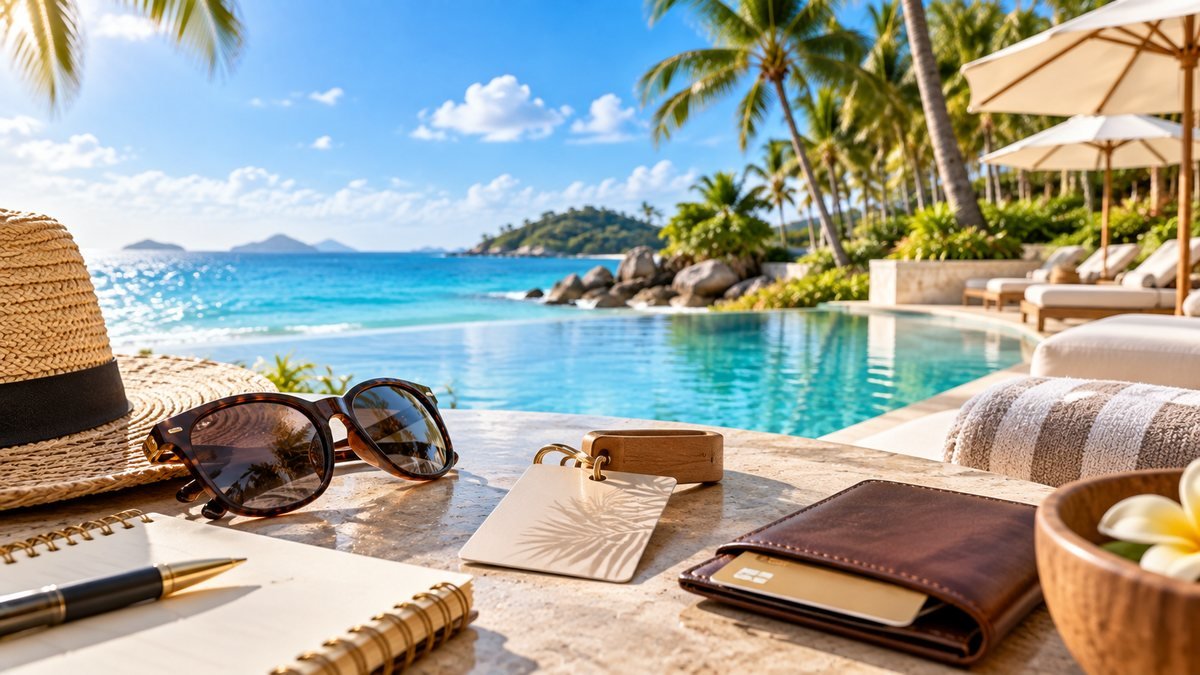 Travel photography of a resort reception desk.